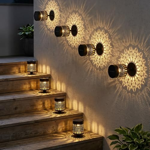 Neoglint Solar Mandala Fence Lights Decorative Metal Solar Powered Outdoor Wall Deck 2 Pack White