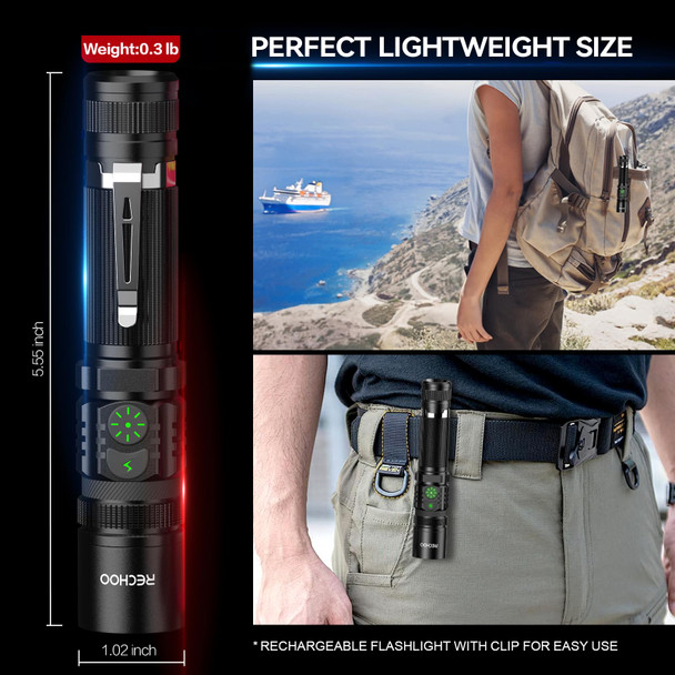 Rechoo Flashlight Rechargeable High Lumens Dual Switch Rechargeable Led Flashlight Adjustable Foucs 1 Pack