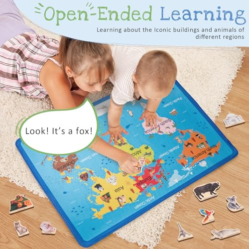 Adena Montessori World Map For Kids Educational Wooden Puzzles With 30 Animals and