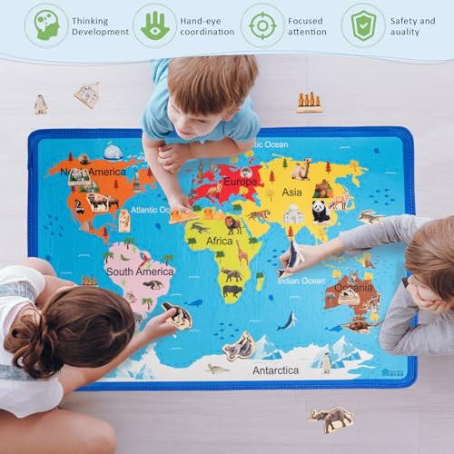 Adena Montessori World Map For Kids Educational Wooden Puzzles With 30 Animals and