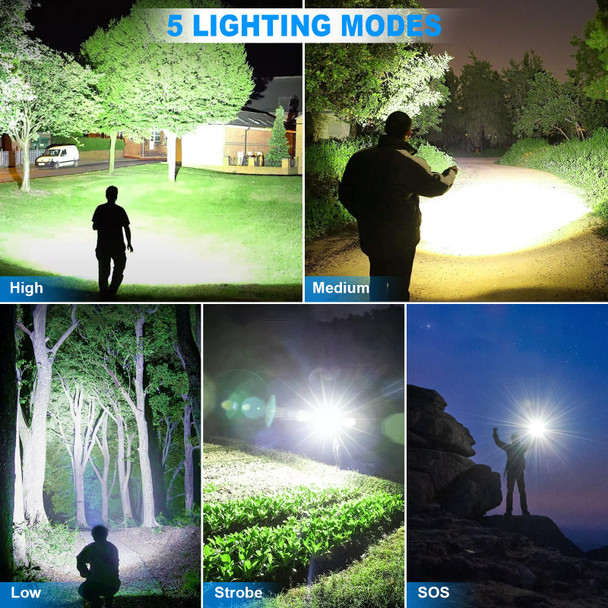 Kingcaesar Flashlights High Lumens Rechargeable 90000 Lumens Super Bright Flashlight 5 Modes 2 Pack
