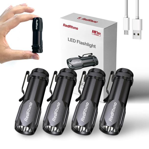 Redrhino Small Led Flashlight Rechargeable Edc Compact Pocket Lights 400 Lumens Mini 4 Pack
