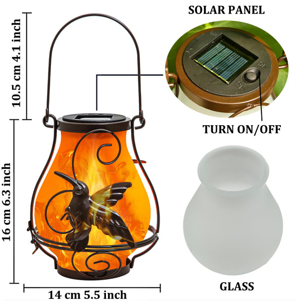 Yakii Solar Flame Lantern Hanging Waterproof Outdoor Hummingbird Metal Solar Lamp Glass 2 Pack