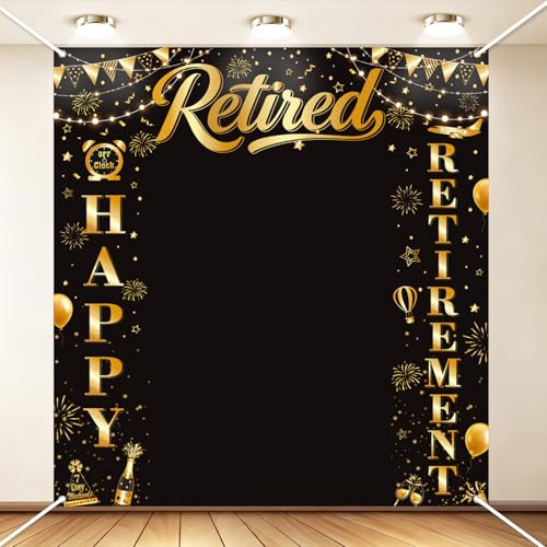 Ythetm Retirement Party Decorations Retirement Backdrop For Men Women Black Gold Happy 6.6 Ft Black