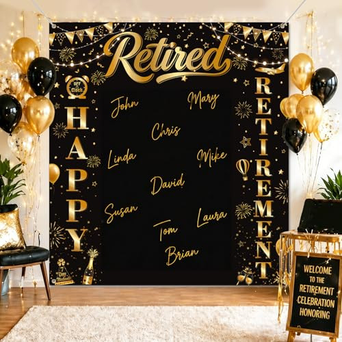 Ythetm Retirement Party Decorations Retirement Backdrop For Men Women Black Gold Happy 6.6 Ft Black