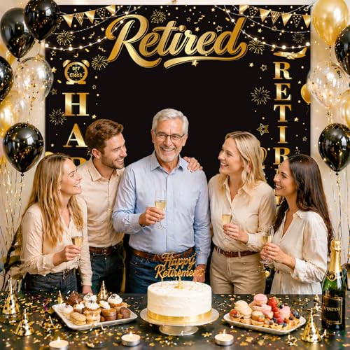 Ythetm Retirement Party Decorations Retirement Backdrop For Men Women Black Gold Happy 6.6 Ft Black