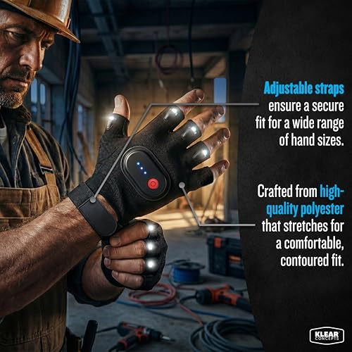 Klear Concepts Flashlight Gloves For Men 8 Led Gloves With BuiltIn Rechargeable Finger