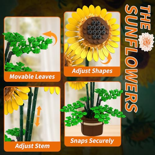 Kiothdre Sunflower Building Set Flowers With Vase Botanical Collection Kit For Adults 739Pcs