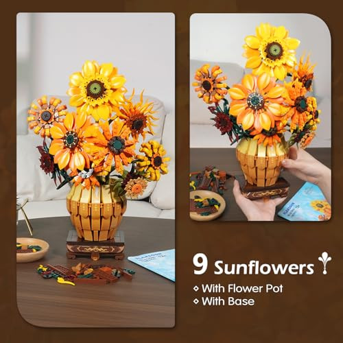 Plaxsoon Sunflower Building Set With Lights Vase Base Flowers Botanical Collection Building 1180Pcs