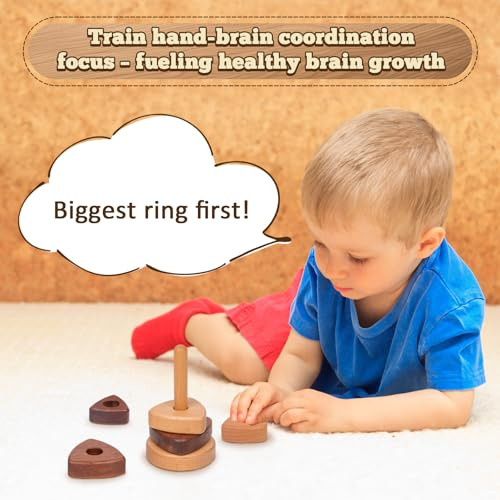 Adena Montessori Ring Natural WoodColored Wooden Stacking ToyMontessori Geometric Stacker Wooden Educational ToyBaby