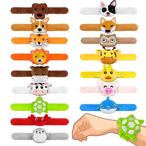 Xipegpa Stuffed Animal Slap Bracelets Set Animal Farm Ocean And Jungle Plush 16 Pcs