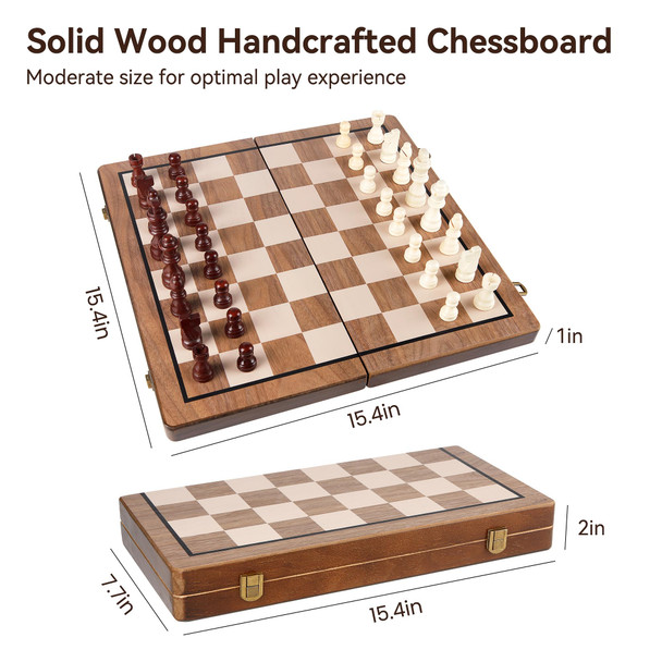 Hvygss Magnetic Chess Board Foldable Wooden Chess Set With Checkers Handcrafted Pieces 15 Inch