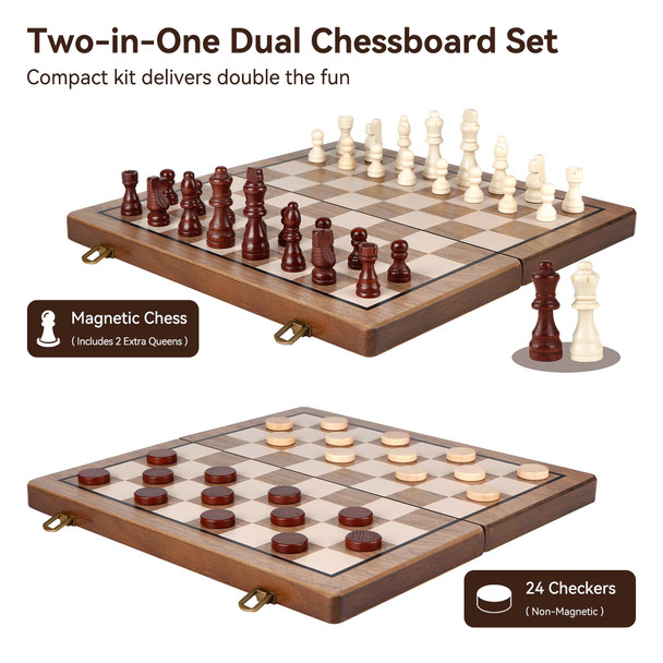 Hvygss Magnetic Chess Board Foldable Wooden Chess Set With Checkers Handcrafted Pieces 15 Inch