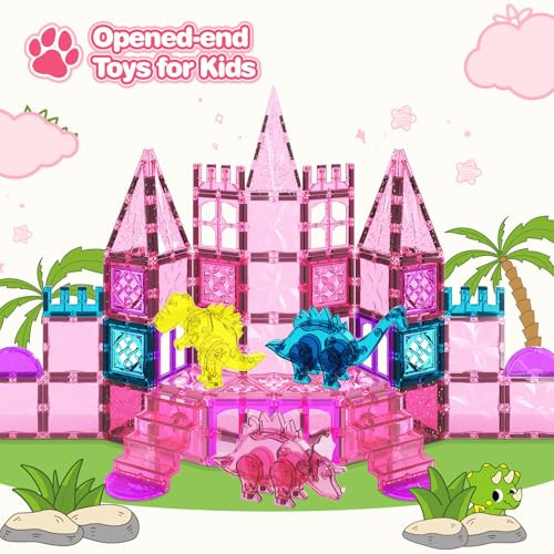 Harworlife Dinosaur Toys Magnetic Tiles For Girls Magnet Building Blocks Sensory Toy 60Pcs
