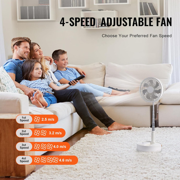 8 Inch Foldable Oscillating Standing Fan With Remote Control, 4 Speed Adjustable Portable Desk Quiet Fan, 7200Mah Rechargeable