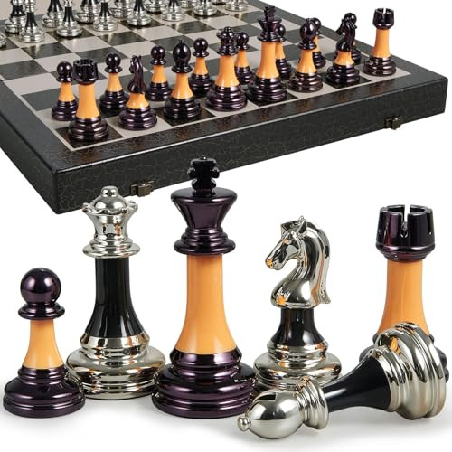 Bivomon Chess Set 16 Wooden Foldable Black White Chess Board 3.5 Luxury Black
