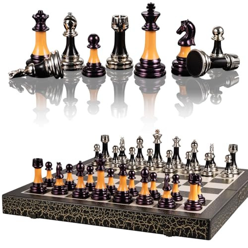 Bivomon Chess Set 16 Wooden Foldable Black White Chess Board 3.5 Luxury Black