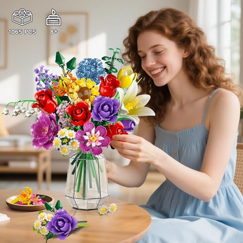 Plaxsoon Flower Bouquet Building Set 18 Flowers Valentine's Day Rose Building Block 1065 Pcs