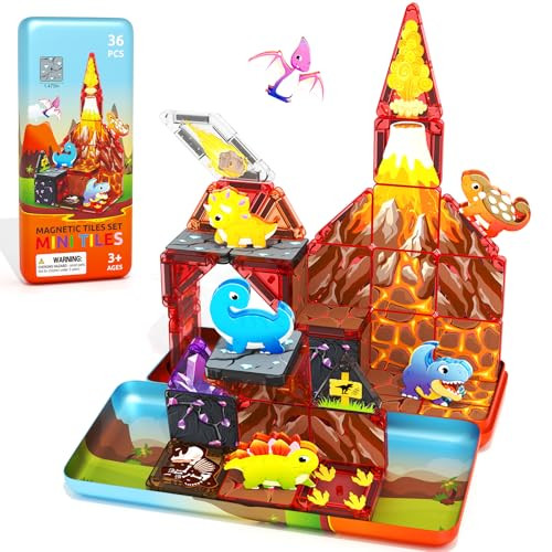Minecftoy Mini Magnetic Tiles Dinosaur Kids Toys With Case 36Pcs