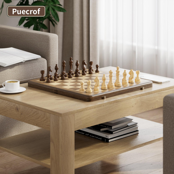 Puecrof Magnetic Wooden Chess Set Rubberwood Folding Chessboard With Brown DualSided Storage 15 Inch Brown