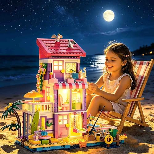 Newabwn 3 In 1 Pink Beach House Building Set For Girls 961 Pcs Pink