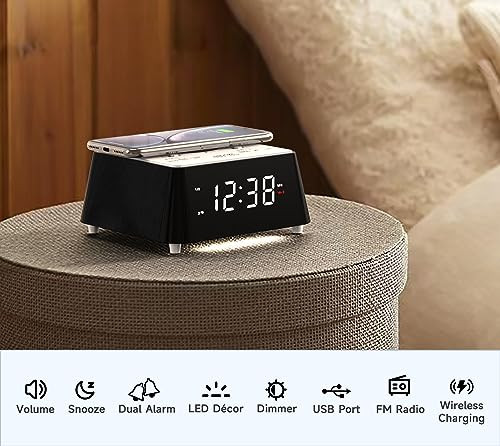 Itoma Wireless Charging Alarm Clock Radio With Bluetooth Speaker Bedside Fm Radio