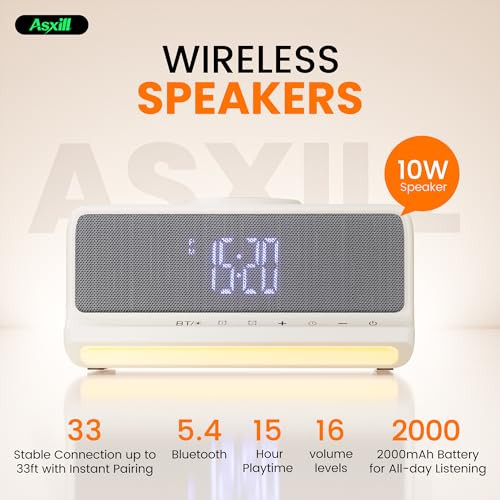 Asxill Digital Led Dual Alarm Clock Bluetooth Speaker Fast Wireless Charger Station 10W