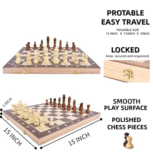 Tzymelew Magnetic Chess and Checkers Set 15 2In1 Wooden Foldable Board With