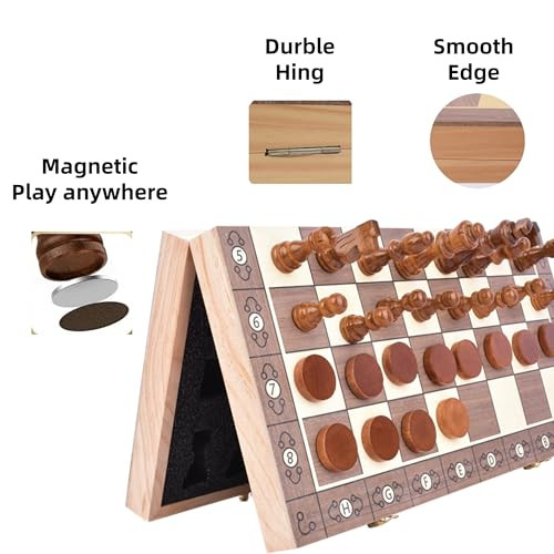 Tzymelew Magnetic Chess and Checkers Set 15 2In1 Wooden Foldable Board With