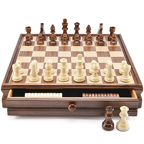 Amerous 15 X 15 Wooden Chess and Checkers Set With BuiltIn Storage