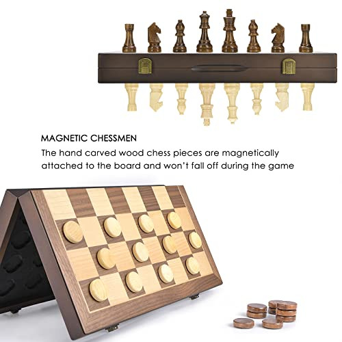 Amerous Magnetic Wooden Chess And Checkers Game Set (2 In 1) Chess 15 Inches