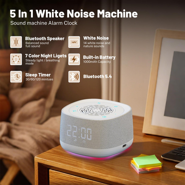 Strackvial Sound Machine and Clock With Bluetooth 5.4 14 Soothing White Noise White