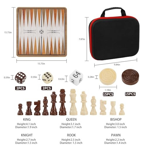 Syrace 15 Portable Tournament Chess Set Checkers and Backgammon Set 3In1 Travel