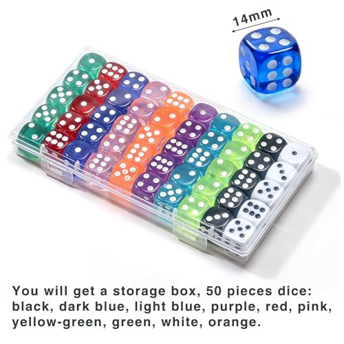 Jlblnhw Dice Set Translucent 6 Sided Colored Dices For Board Games Math 50 Pieces