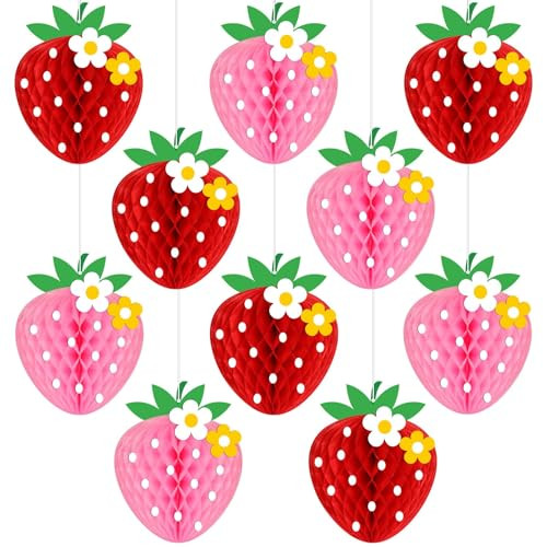 Zoiiwa Strawberry Birthday Party Decorations Strawberry Honeycomb Balls Berry Fruit Theme Table 10 Pcs