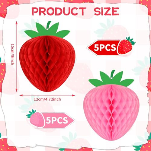 Zoiiwa Strawberry Birthday Party Decorations Strawberry Honeycomb Balls Berry Fruit Theme Table 10 Pcs