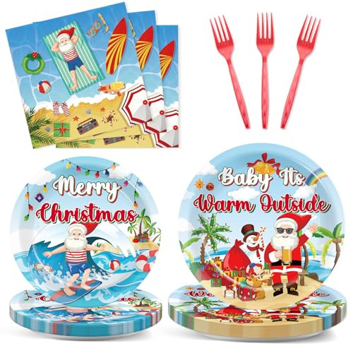 Zoiiwa Summer Christmas Party Decorations July Christmas Paper Plates And Napkins Set 96Pcs