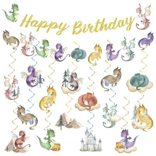 Zoiiwa Dragon Birthday Party Decorations Watercolor Magic Dragon Banner Hanging Swirl Fantasy 32Pcs