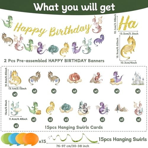 Zoiiwa Dragon Birthday Party Decorations Watercolor Magic Dragon Banner Hanging Swirl Fantasy 32Pcs