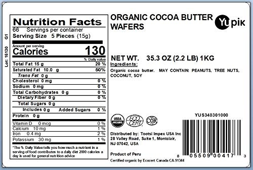 Yupik Organic Cocoa Butter Wafers Vegan GlutenFree GmoFree DairyFree Kosher Pure Cocoa 35.2 Oz 2.2 Lb