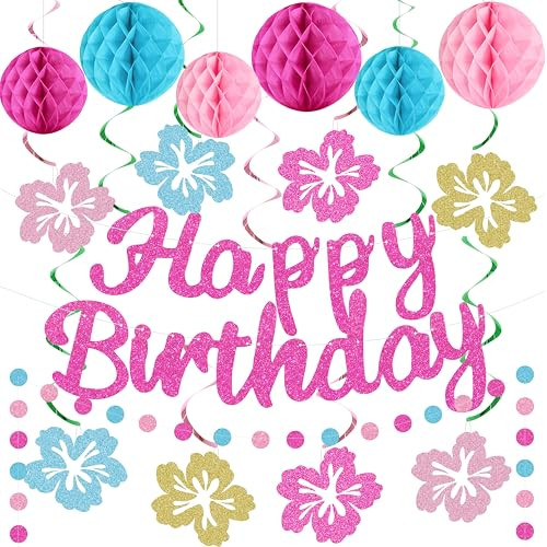 Ythetm Hawaiian Luau Birthday Party Decorations Glittery Pink Happy Birthday Banner For Pink
