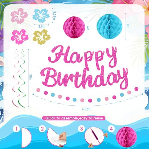 Ythetm Hawaiian Luau Birthday Party Decorations Glittery Pink Happy Birthday Banner For Pink