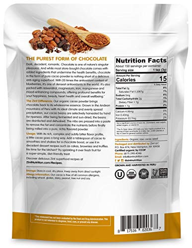 Zint Organic Cacao Powder : Raw NonAlkalized Chocolate With Powerful Antioxidants And 16 Oz