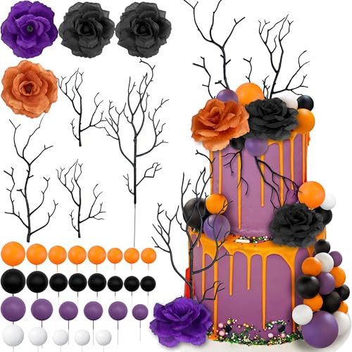 Xipegpa Orange Purple Black Flower Cake Toppers Balls Cake Decorations For Birthday 35 Pcs Orange