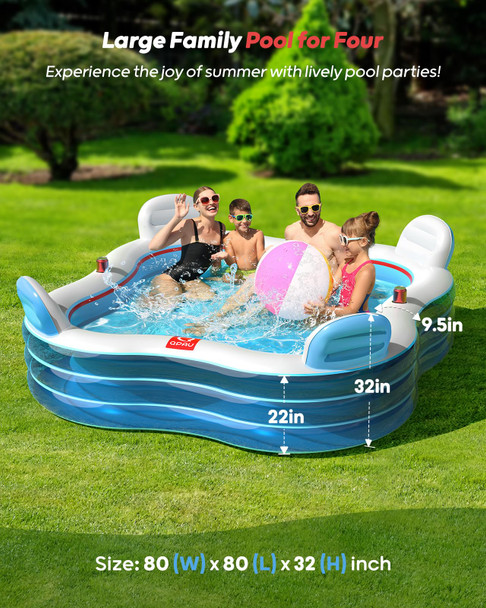 Qpau Inflatable Swimming Pool FullSized Blow Up Pool With Seats And Backrests Clear