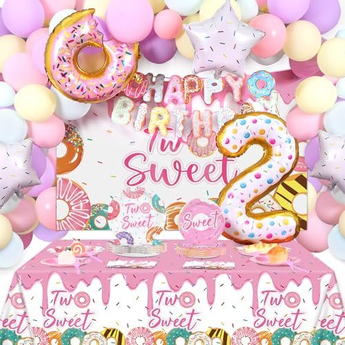 Zoiiwa Two Sweet Birthday Party Decorations Girls Donut Tableware Set Sweet Donut 143Pcs