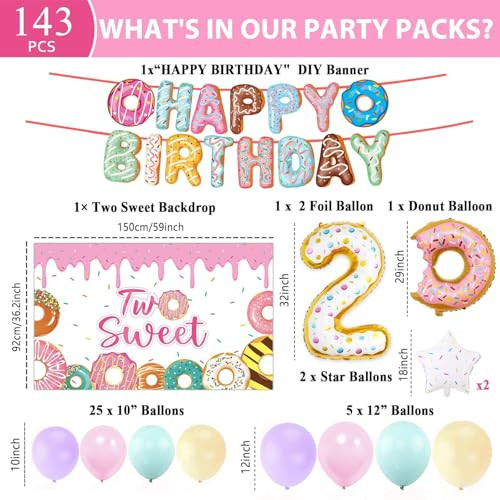 Zoiiwa Two Sweet Birthday Party Decorations Girls Donut Tableware Set Sweet Donut 143Pcs