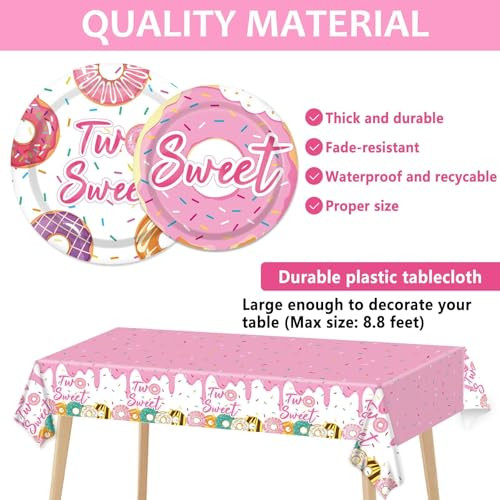 Zoiiwa Two Sweet Birthday Party Decorations Girls Donut Tableware Set Sweet Donut 143Pcs