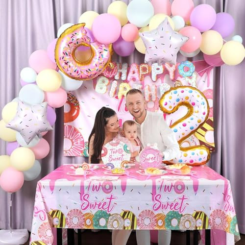 Zoiiwa Two Sweet Birthday Party Decorations Girls Donut Tableware Set Sweet Donut 143Pcs