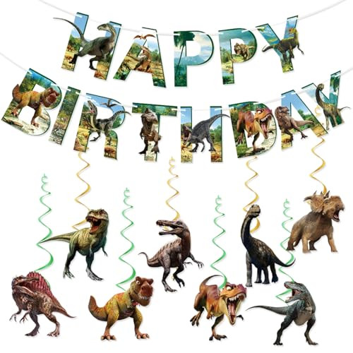 Qujowi Dinosaur Birthday Party Decorations Dinosaur Birthday Banner Hanging Swirls Streamers Dino 8Pcs